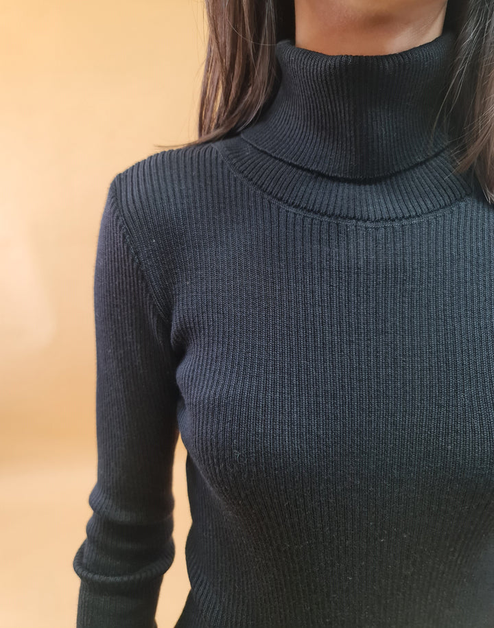 Person wearing a black ribbed turtleneck sweater