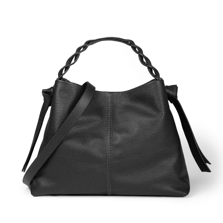 Black leather handbag with braided handle and shoulder strap