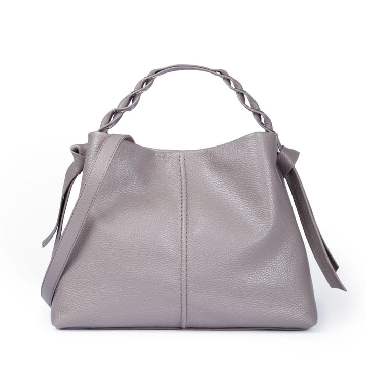 Elegant grey leather handbag with braided handle