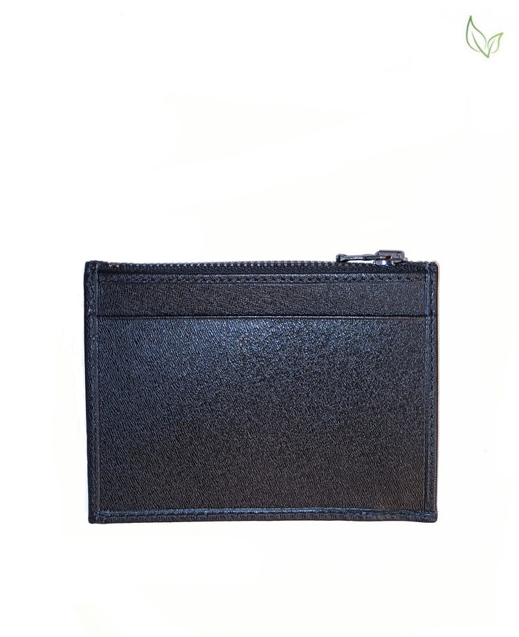 Black leather card holder with zippered compartment on white background