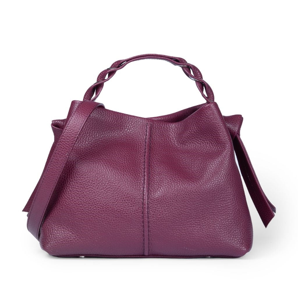 Plum handbag with twisted handle and shoulder strap