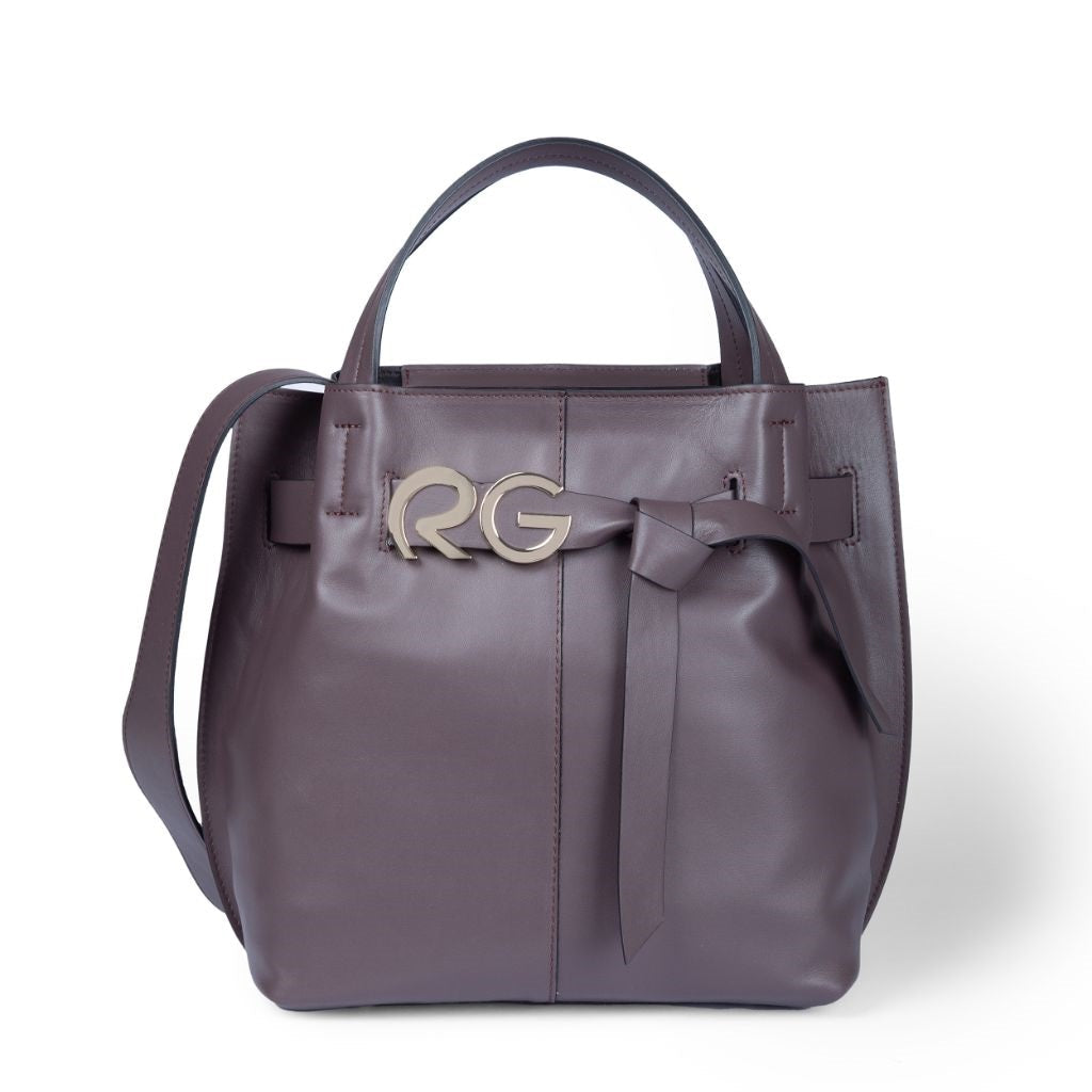 Stylish brown leather handbag with RG logo and shoulder strap