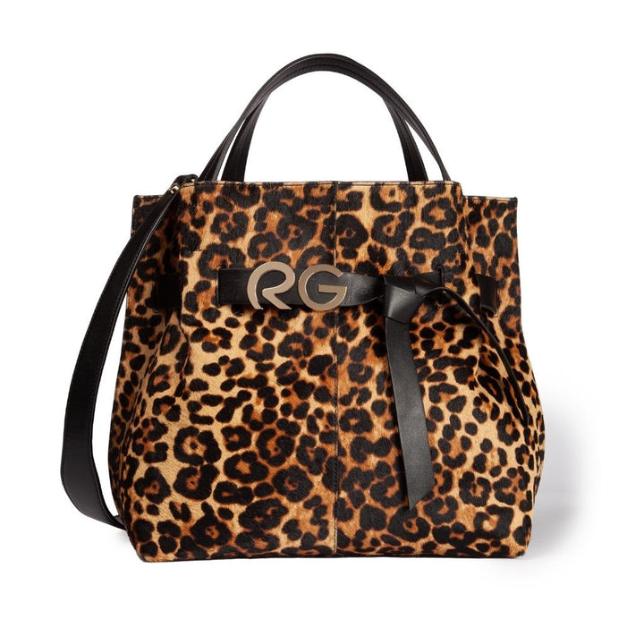 Leopard print handbag with black leather handles and RG logo