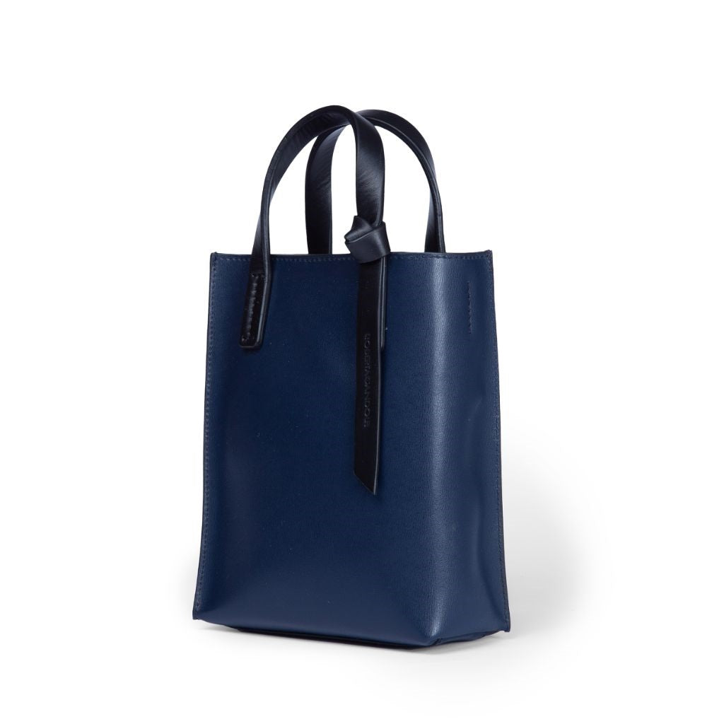 Elegant blue leather handbag with dual handles and sleek design