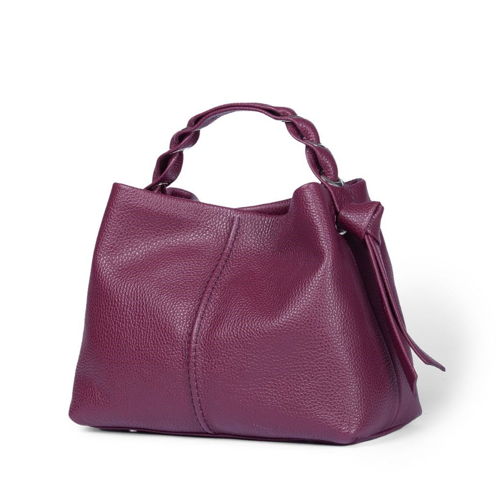 Purple leather handbag with braided handle