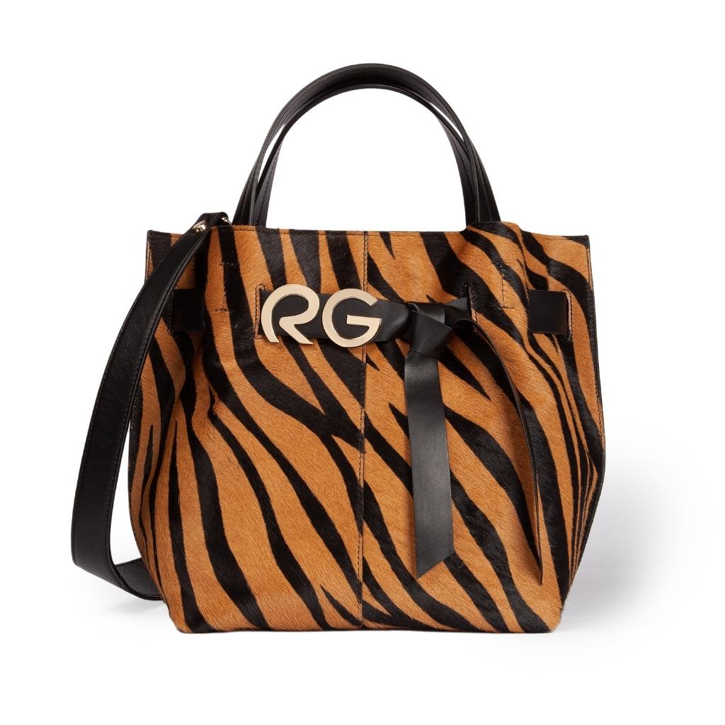 Designer tiger-print handbag with black handles and RG logo