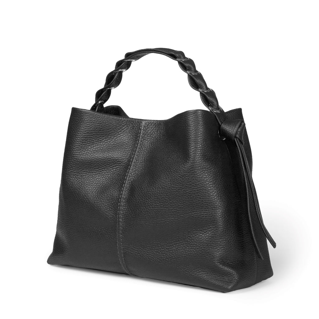 Black leather handbag with braided handles