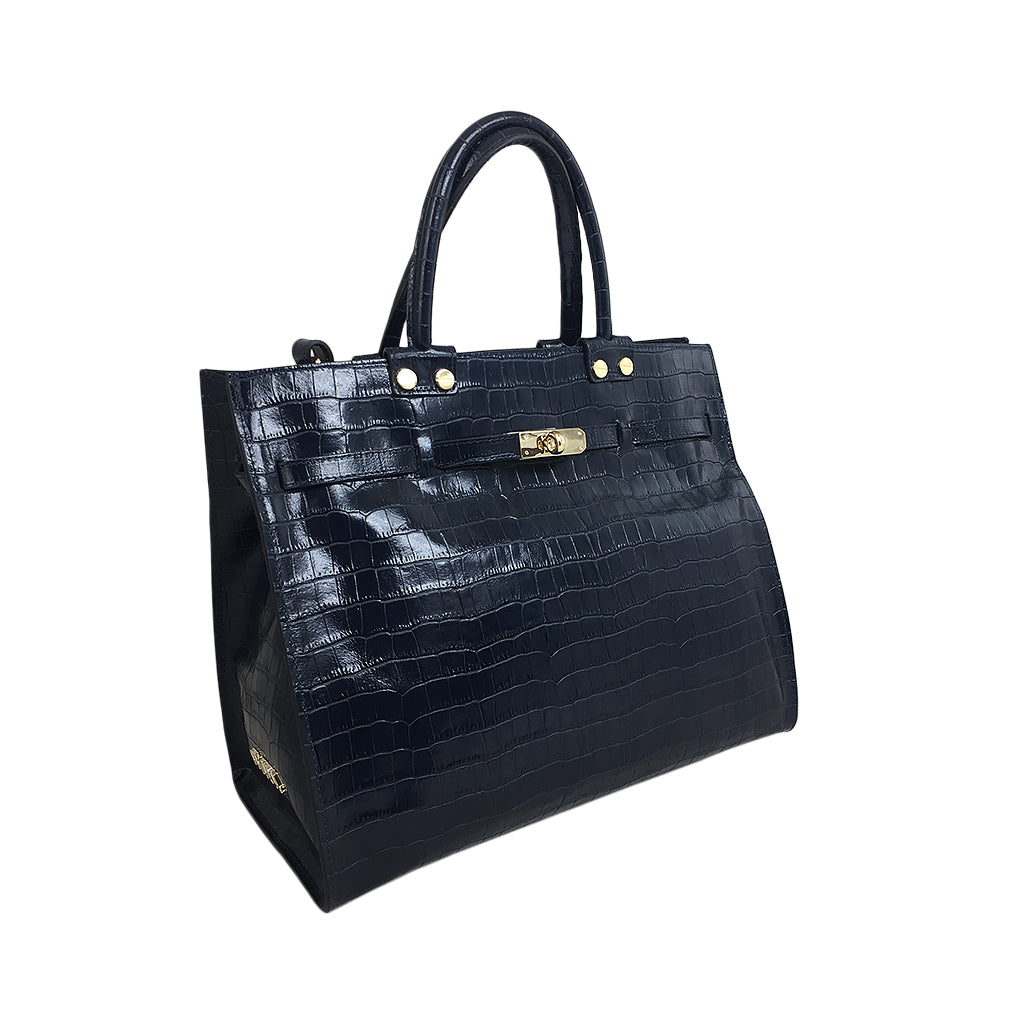 Elegant black leather handbag with gold accents
