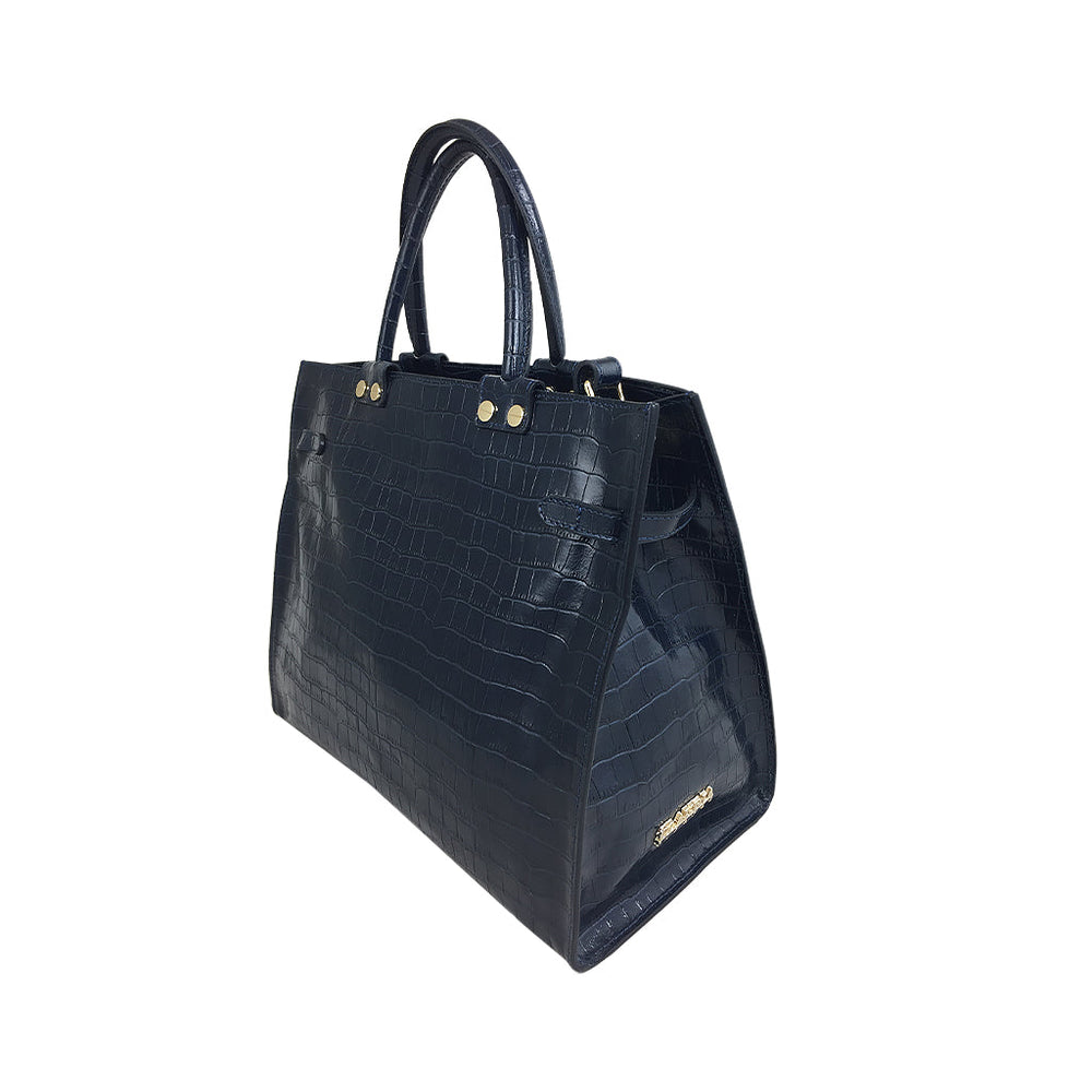 navy blue crocodile leather tote bag with gold hardware