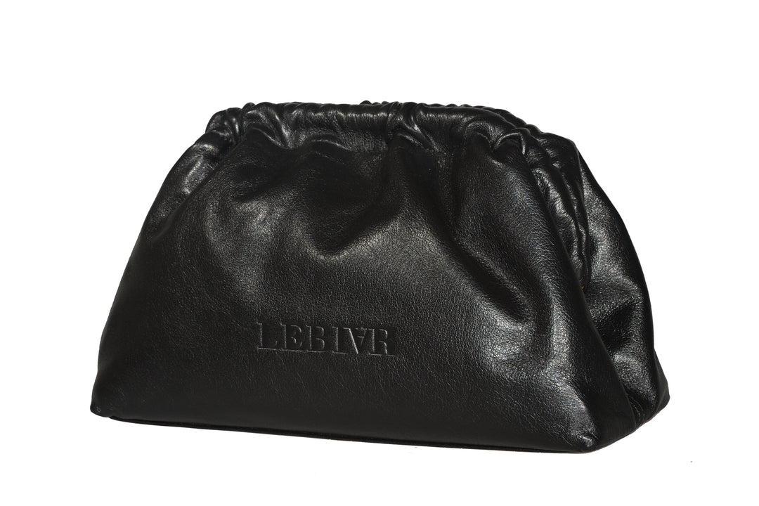 Black leather clutch bag with drawstring closure and embossed LEBIVR logo