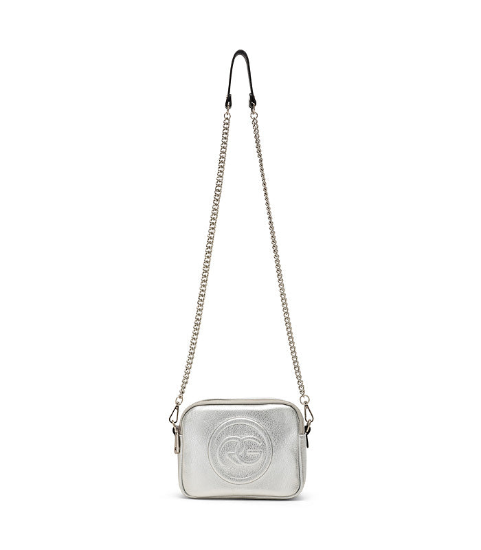 Silver crossbody bag with chain strap and embossed logo