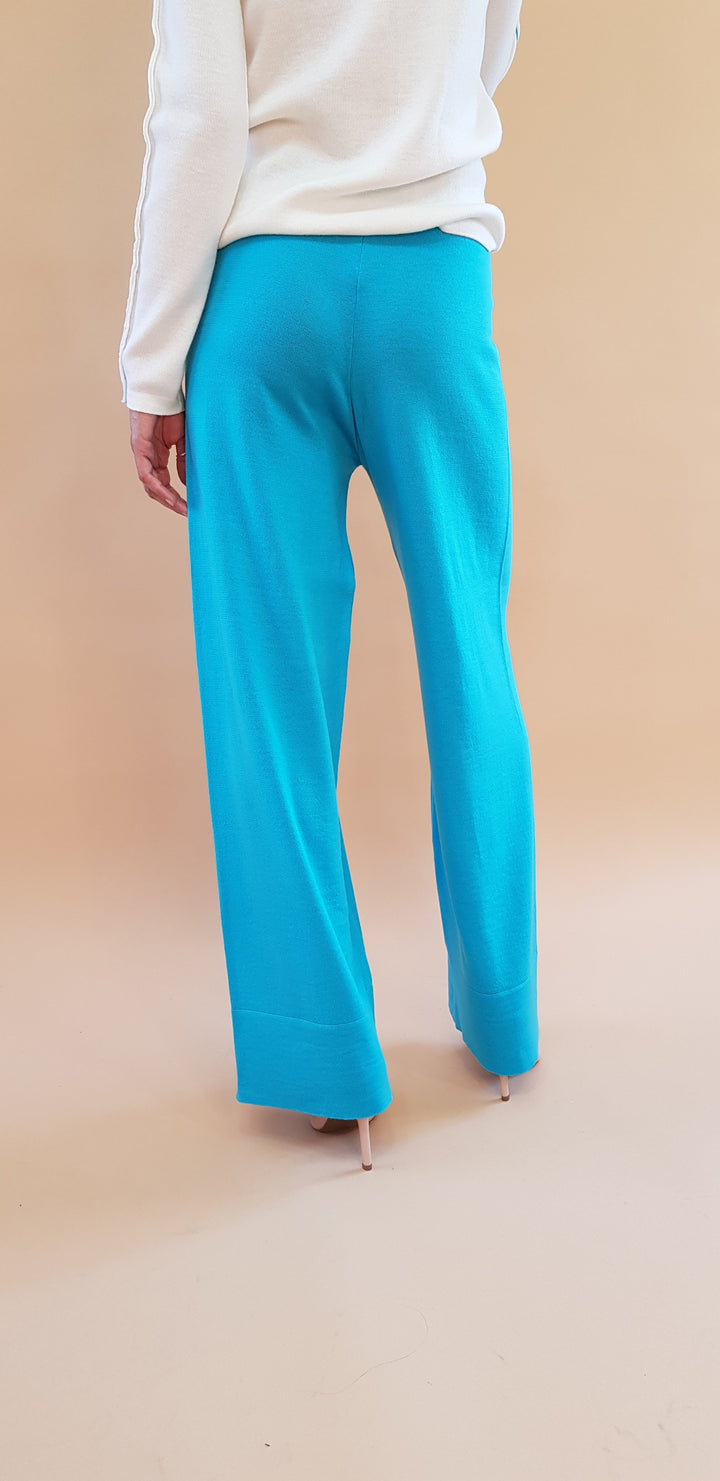 Person wearing vibrant blue wide-leg pants viewed from behind