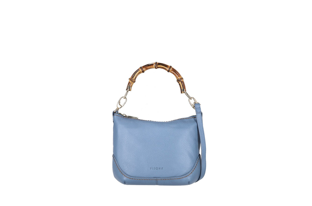 Light blue leather handbag with bamboo handle and shoulder strap
