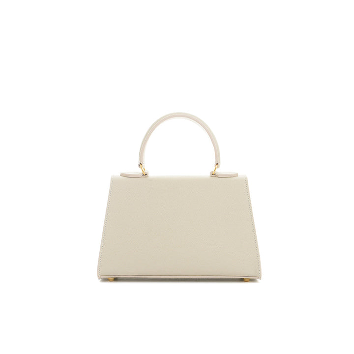 Elegant beige leather handbag with structured top handle and gold accents