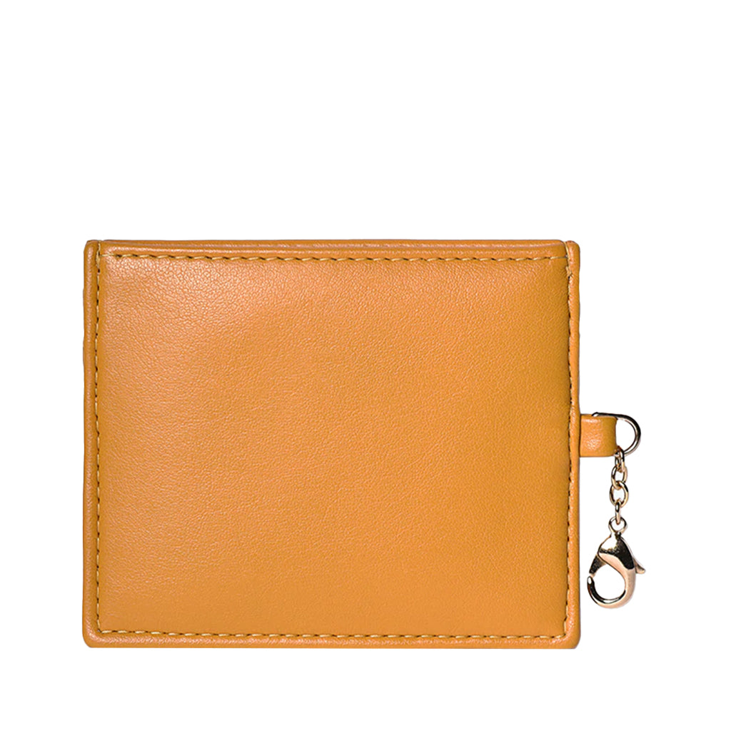 Golden brown leather wallet with metal clasp on white background