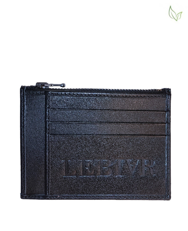 Black vegan leather minimalist wallet with embossed design and card slots