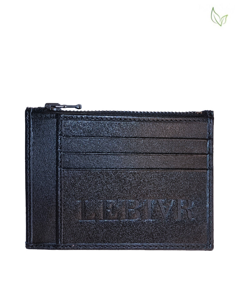 Black eco-friendly leather wallet with card slots and zipper pocket, embossed brand name LEBIVR