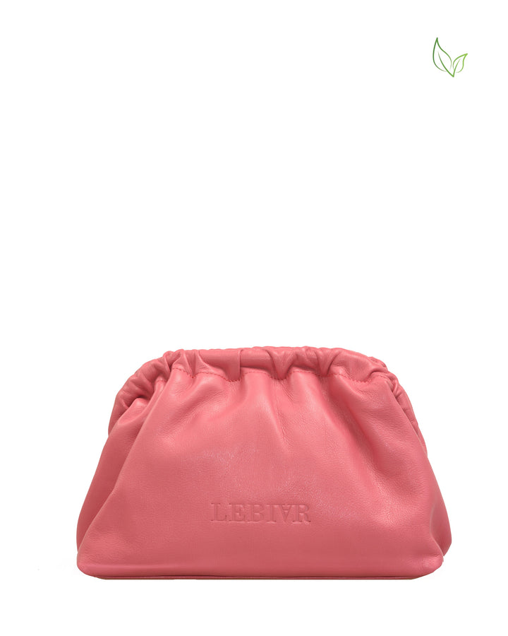 Pink leather clutch bag with ruched top and embossed LEBIVR logo on white background