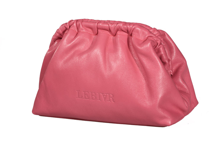 Pink leather clutch bag with ruched top and 'LEBIVR' brand name