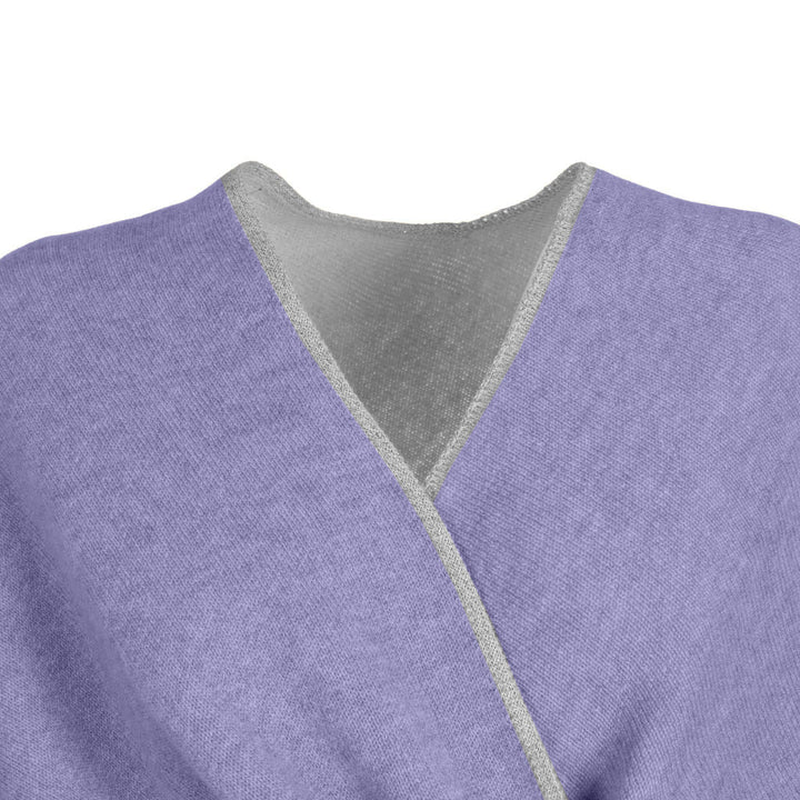 Purple knit cardigan with grey trim neckline detail