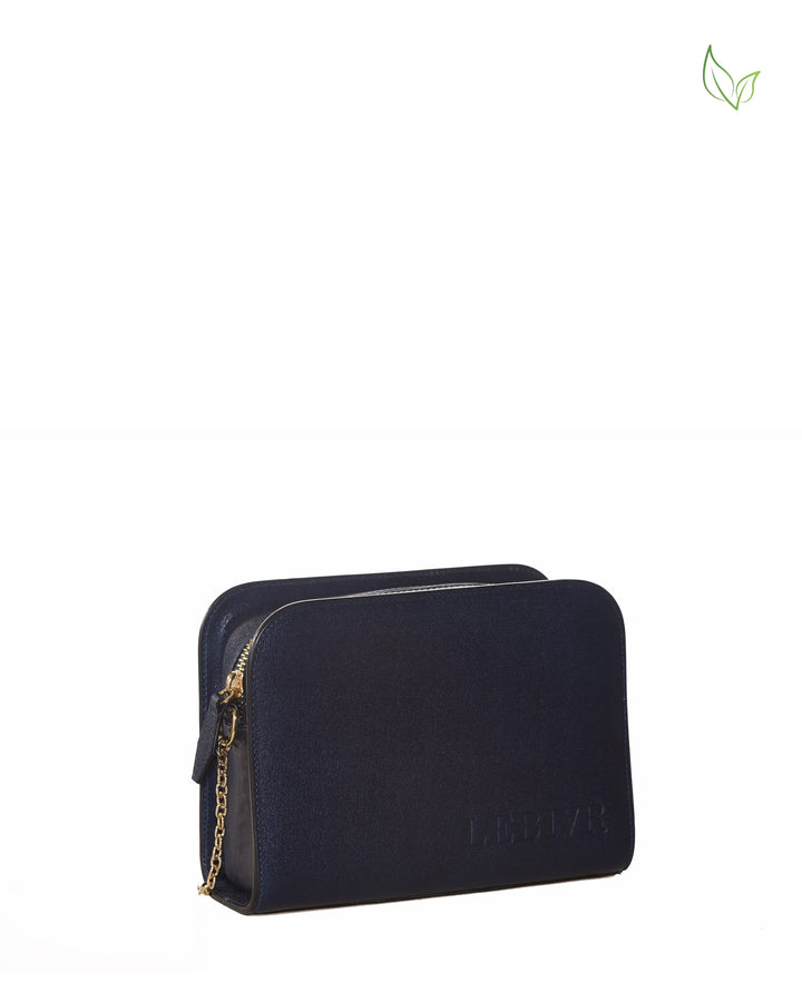 Elegant navy blue leather clutch with gold chain and leaf logo