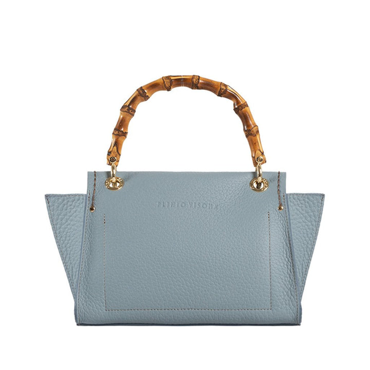 Light blue leather handbag with bamboo handle and gold accents