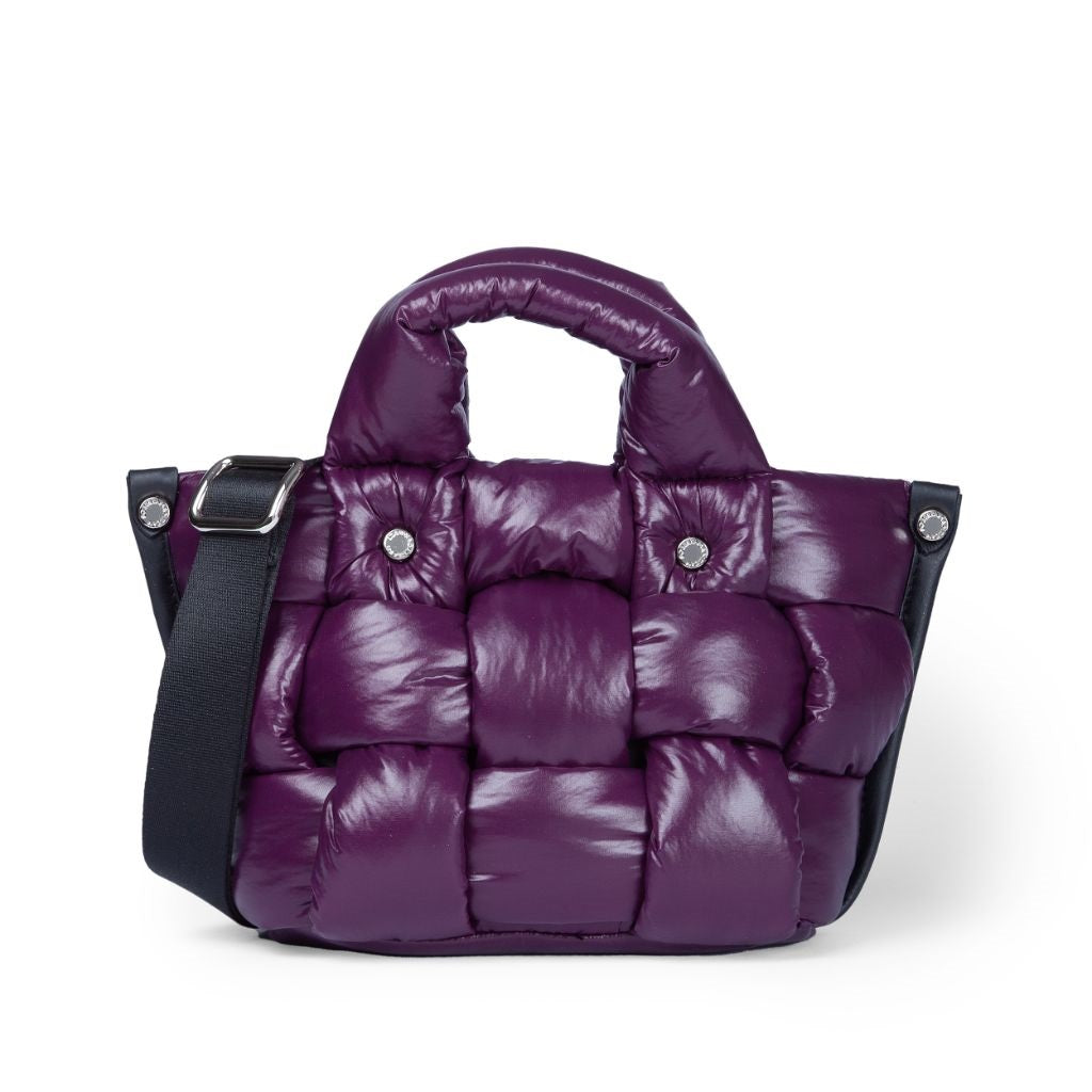 Purple quilted handbag with black shoulder strap