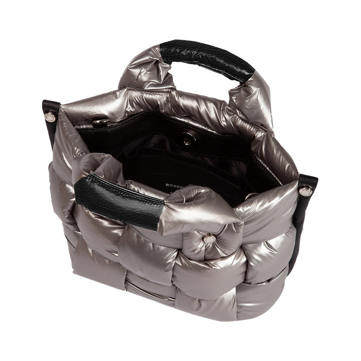 Silver quilted handbag with black handles and an open top view showing interior compartments