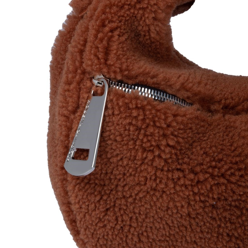Brown fleece bag with silver zipper detailing