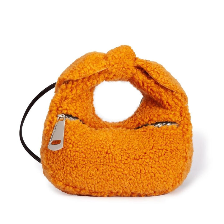Bright orange textured handbag with zipper and knotted top handle