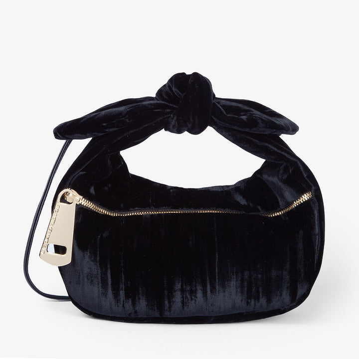 Black velvet knot handbag with gold zipper