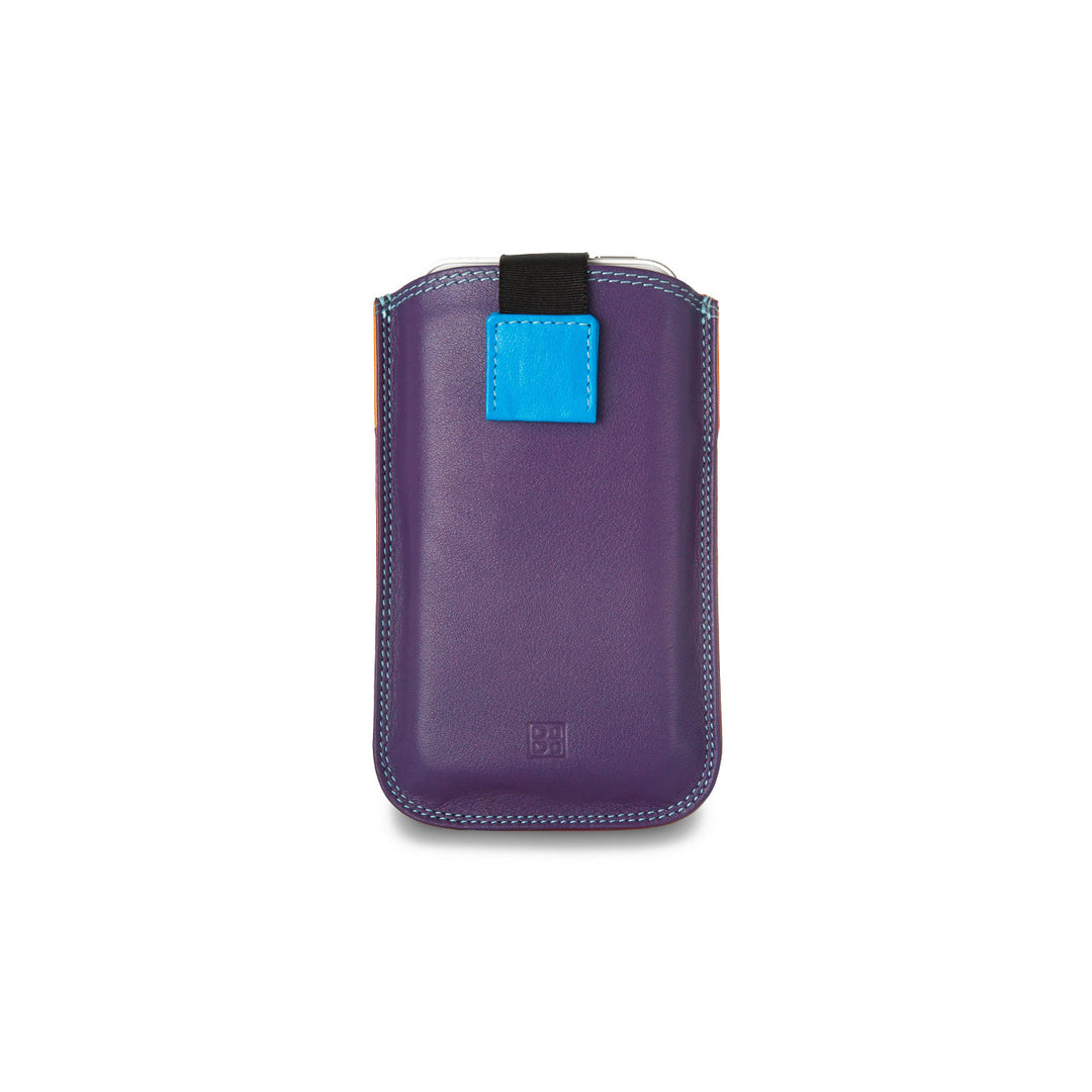 Purple leather phone case with blue tab and white stitching