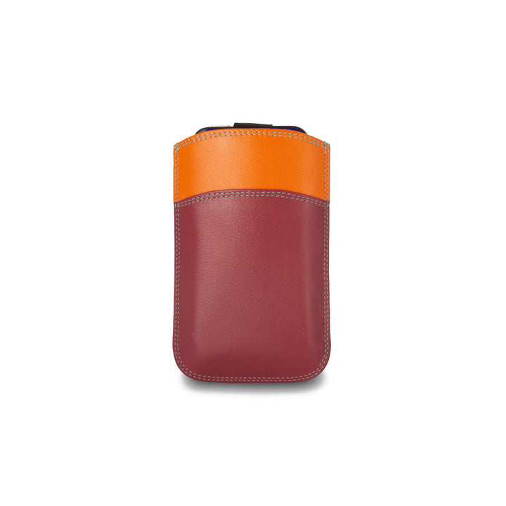 Colorful leather phone case with orange and maroon design