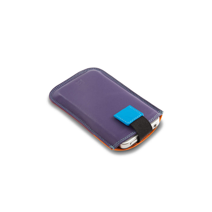 Purple leather phone case with blue strap and visible stitching