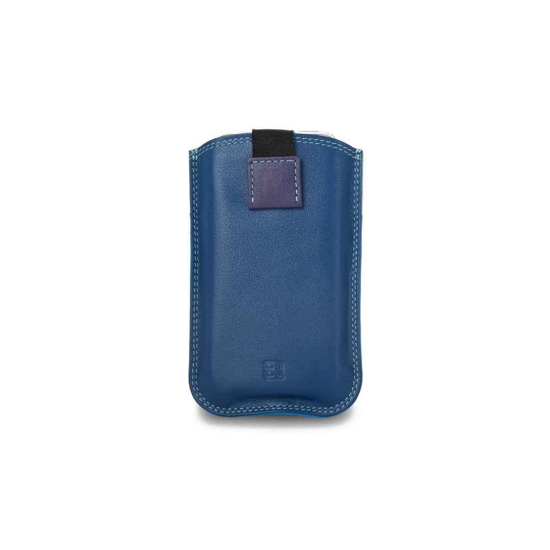 Blue leather phone sleeve with purple accent and stitched detailing