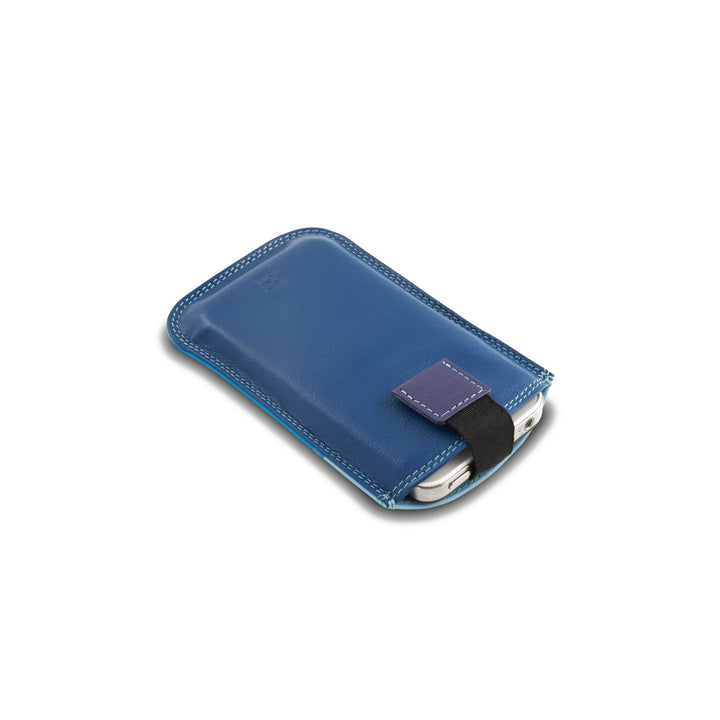 Blue leather phone sleeve with black strap on a white background