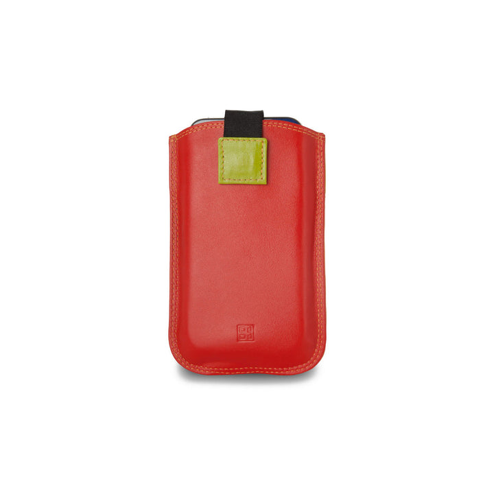 Red leather phone case with green tab flap on white background