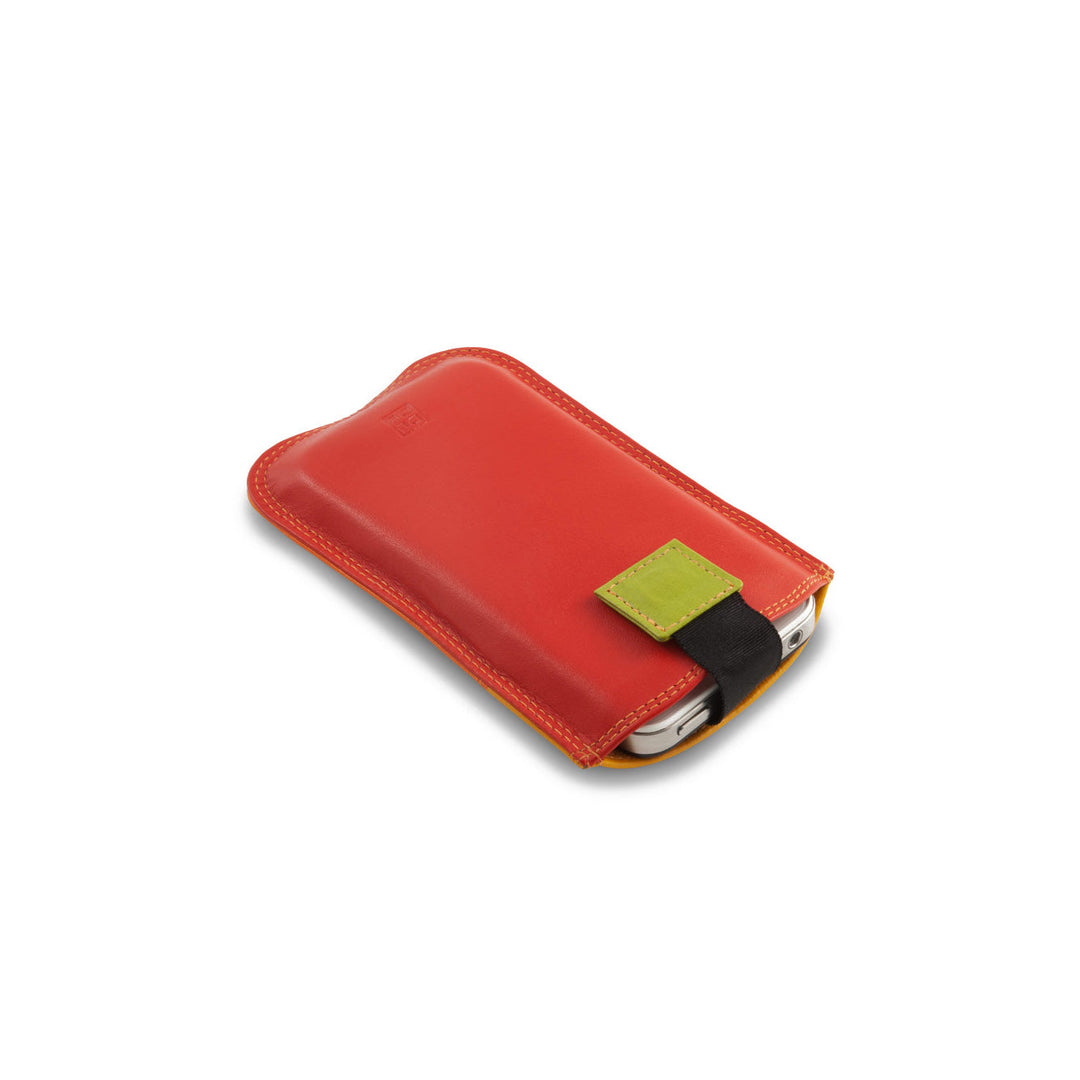 Red leather phone case with green tab holding a smartphone