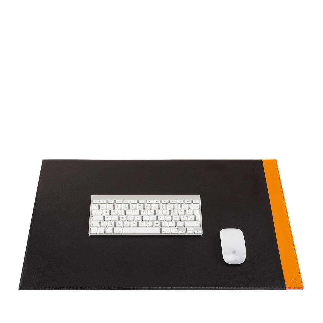 Black leather desk mat with orange edge, white keyboard, and mouse