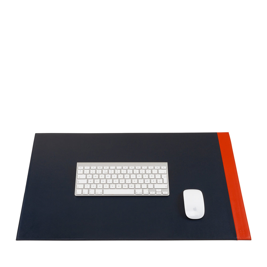 Stylish black and red desk mat with wireless keyboard and mouse