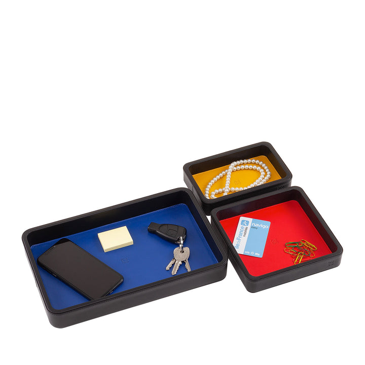 Stackable Organizing Trays with Various Items Including Phone, Keys, Card, and Jewelry
