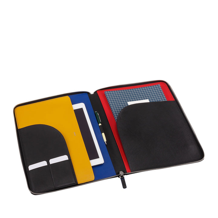 Open leather portfolio organizer with tablet sleeve, notebook, and pen holder