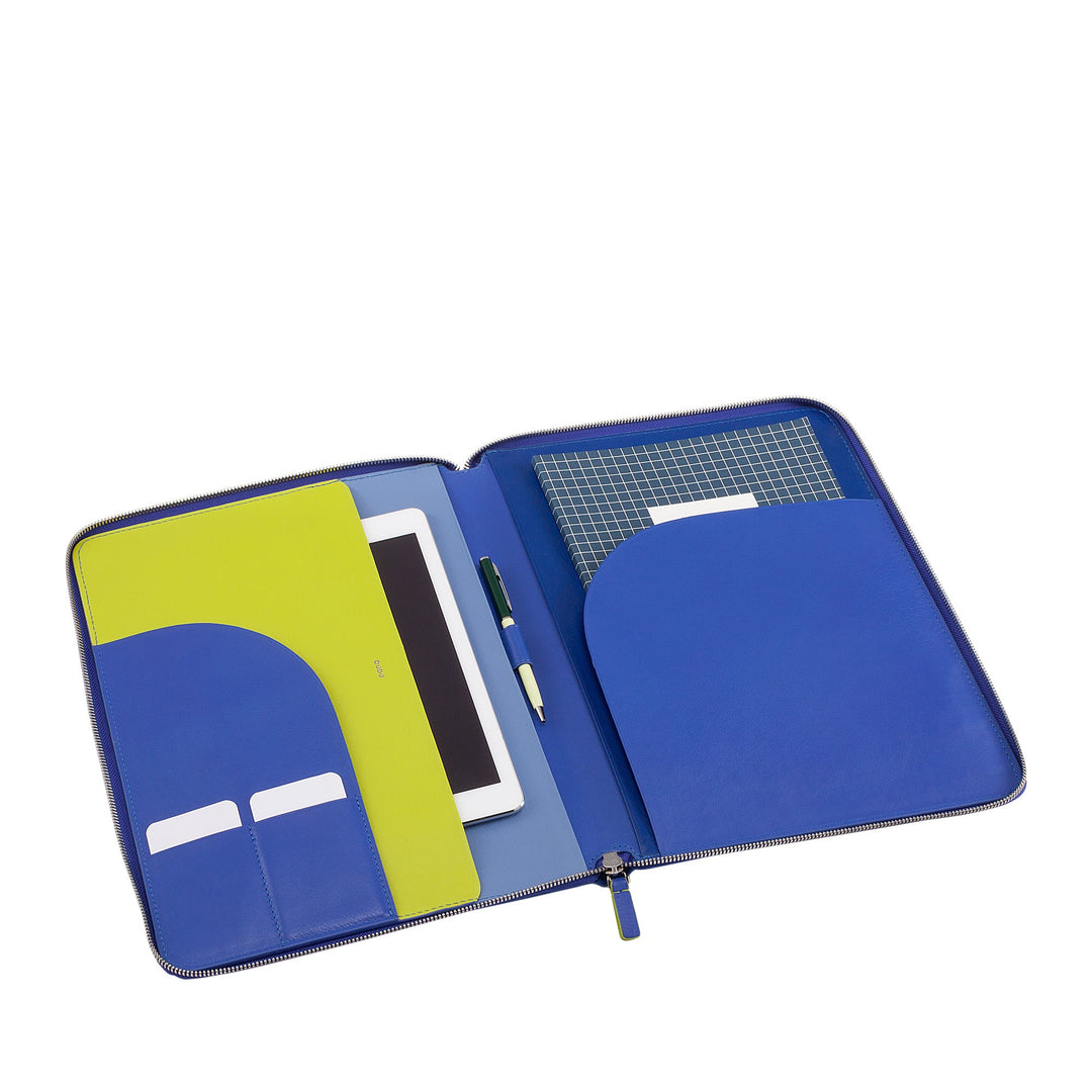 Blue leather zippered portfolio with tablet, notebook, and pen