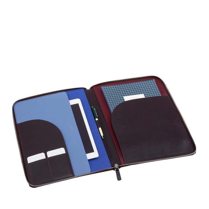 Open leather zippered portfolio organizer with tablet, notepad, and pen