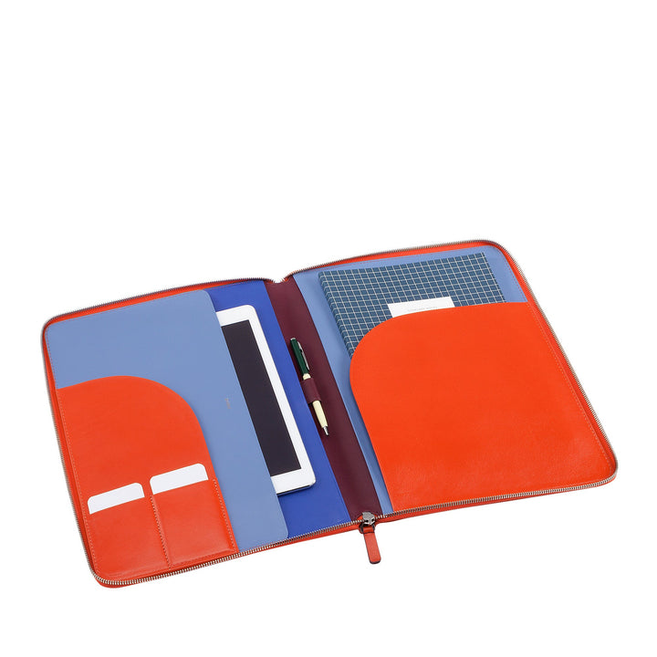 Orange and blue leather portfolio with stationery and a tablet inside