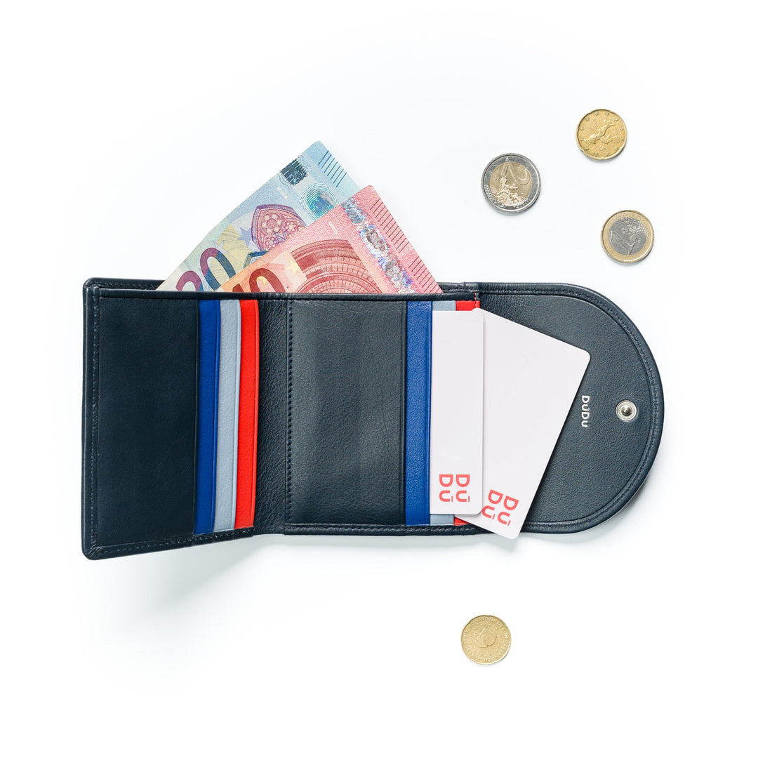 Black leather wallet with euro banknotes, coins, and cards on white background