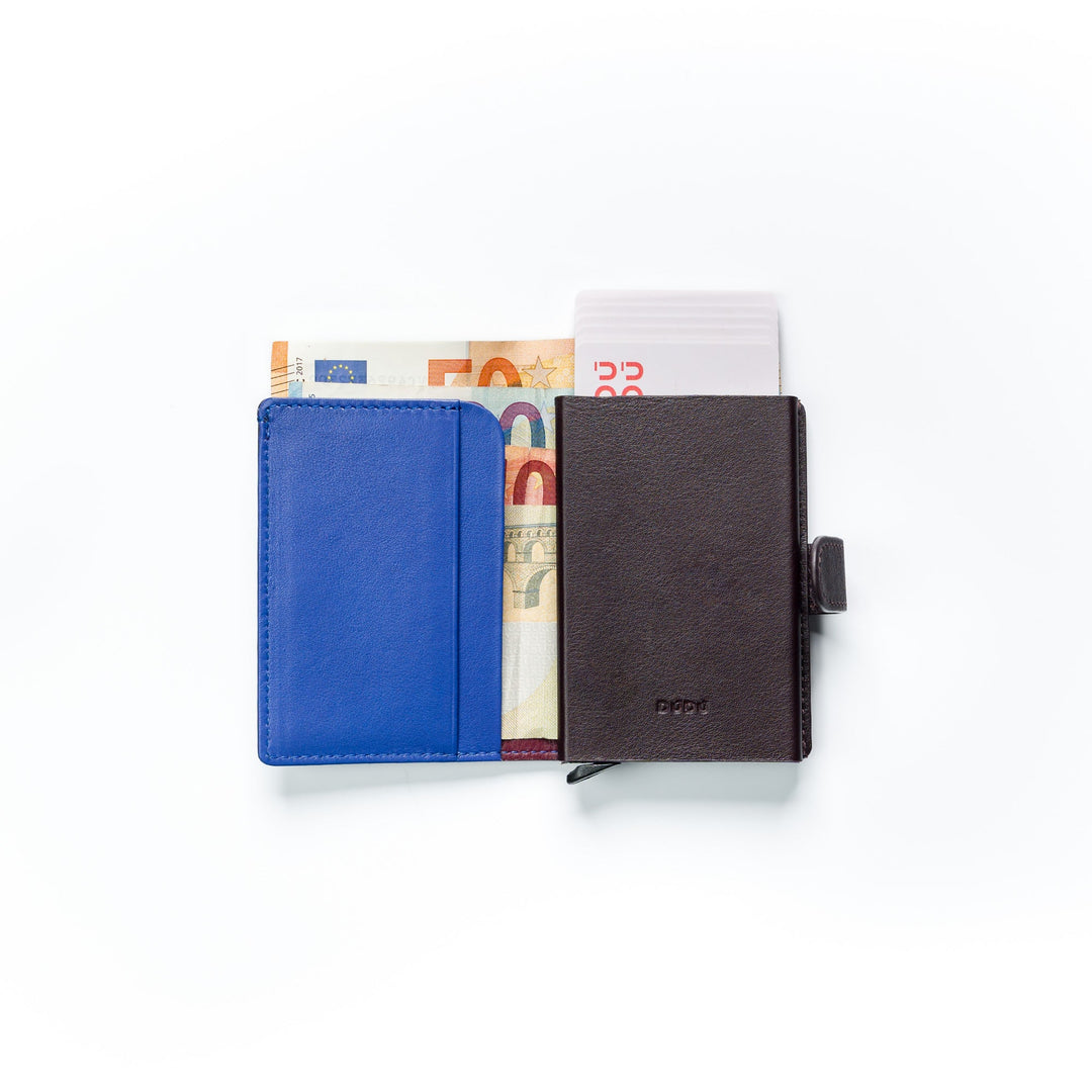 Leather wallet with euro bills and cards against a white background