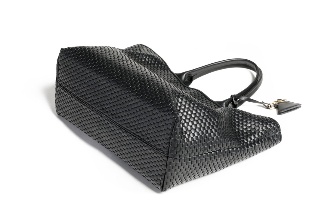 Luxury black woven handbag with leather texture and stylish design