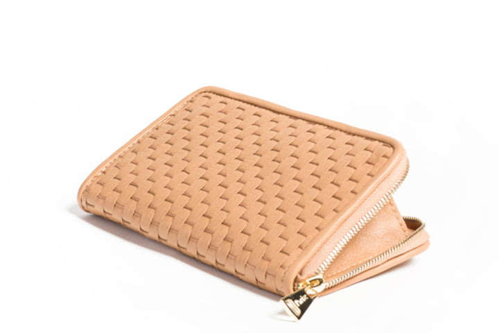 Woven beige leather wallet with zipper closure on white background.