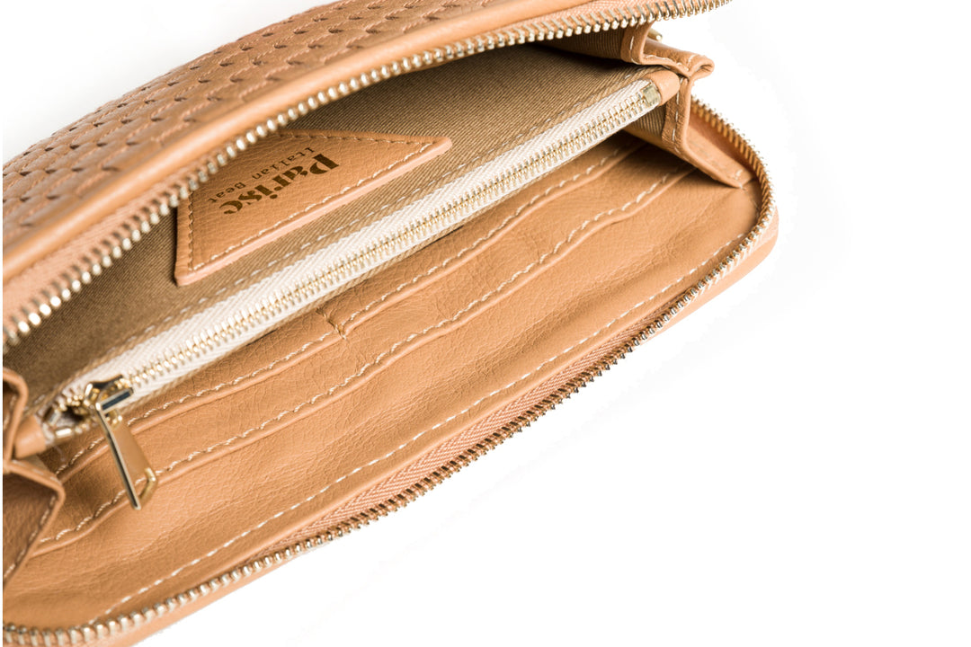 Woven beige leather wallet with zipper closure on white background.